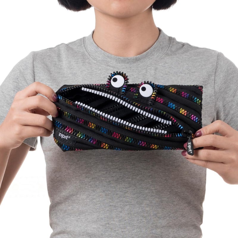 ZIPIT Monster Pencil Case for Kids, Cute Zipper Pouch for Boys Girls and Teens, Stationery Bag for School ,Black & Rainbow - Image 5